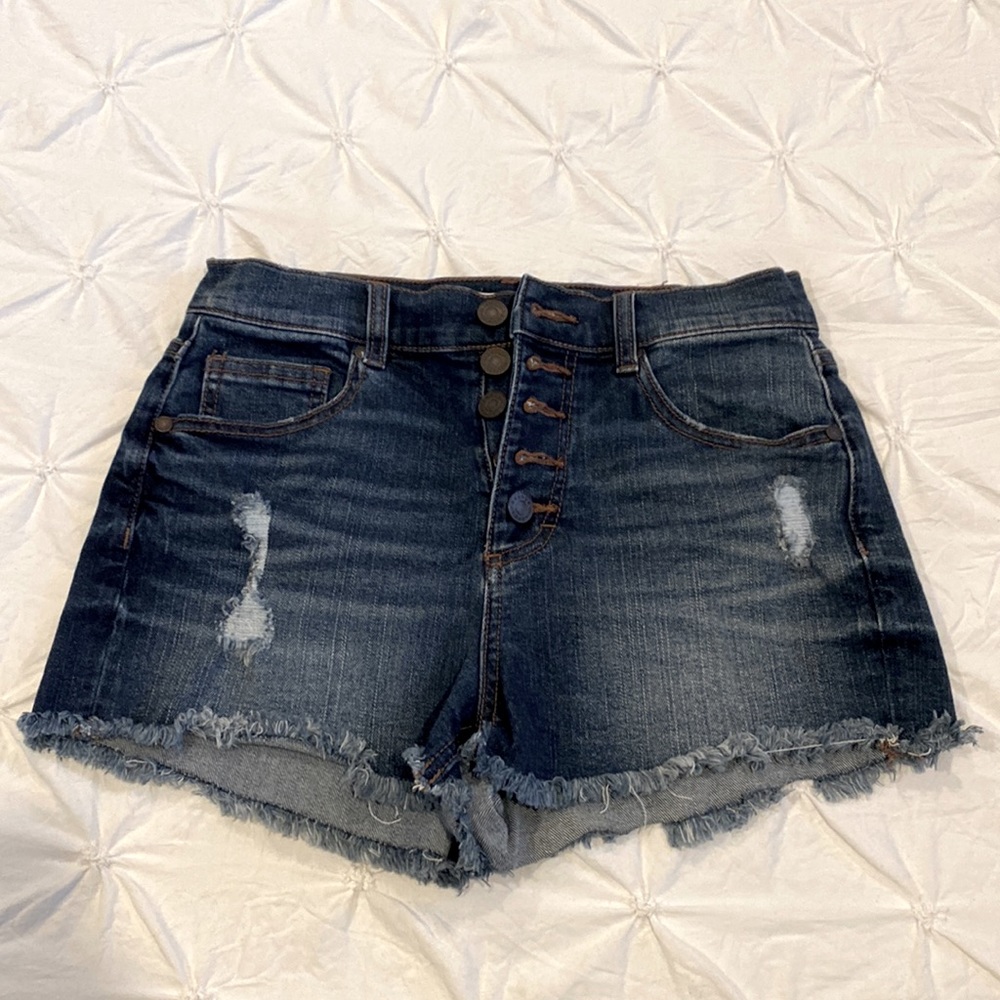 High waisted ripped denim button fly shorts, size 2